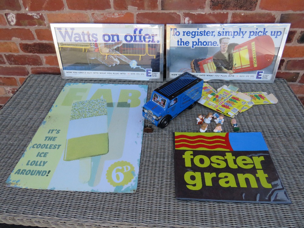 A SELECTION OF VINTAGE ADVERTISING ITEMS TO INCLUDE FOSTER GRANTS SIGN ETC AND A MODERN FAB LOLLY ME