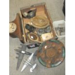 A TRAY OF COLLECTABLES TO INCLUDE A NAPOLEON HAT MANTLE CLOCK, PEWTER TEA SERVICE ETC
