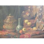 AN UNFRAMED UNSIGNED OIL ON BOARD STILL LIFE STUDY OF FRUIT AND VASES ETC. 55CM X 75CM