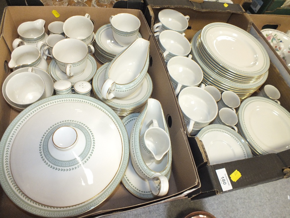 TWO TRAYS OF ROYAL DOULTON BERKSHIRE TC1021 CHINA TO INCLUDE CUPS AND SAUCERS, DINING PLATES ETC