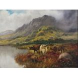 A GILT FRAMED OIL ON CANVAS OF A STORMY RIVER LANDSCAPE WITH HIGHLAND CATTLE SIGNED J F DUDLEY?