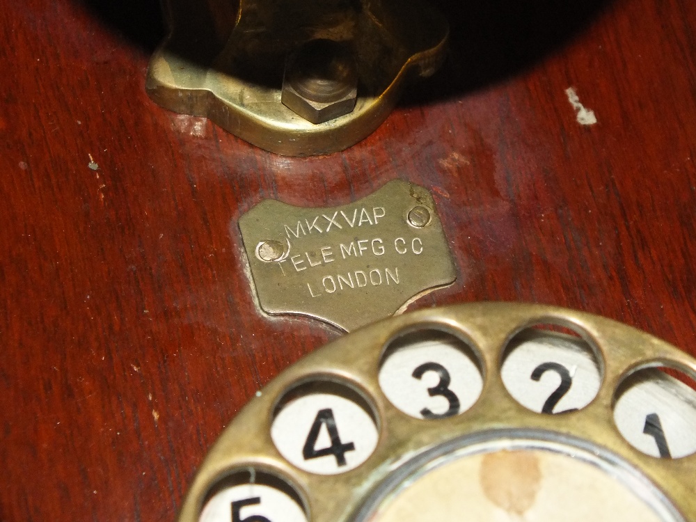 A VINTAGE MAHOGANY AND BRASS WALL HANGING TELEPHONE MARKED MKXVAP TELE MFG CO LONDON - Image 2 of 2