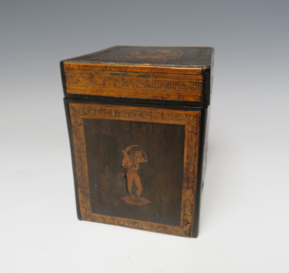 A 19TH CENTURY ITALIAN TEA CADDY WITH INLAID DECORATION, A/F, H 13 cm, W 11.5 cm, D 10 cm - Image 2 of 4