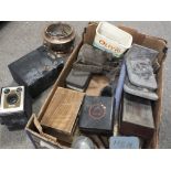 TWO BOXES OF COLLECTABLES TO INCLUDE AN OIL LAMP, VINTAGE BOOK ENDS, CAMERAS ETC