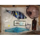 TWO BOXES OF STUDIO GLASSWARE ETC TO INCLUDE A STUDIO GLASS STOPPER, SWIRLED GLASS BOWL,