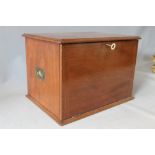 A 20TH CENTURY OAK STATIONARY BOX, with brass handles and fall front, H 26 cm, W 37 cm, D 28 cm