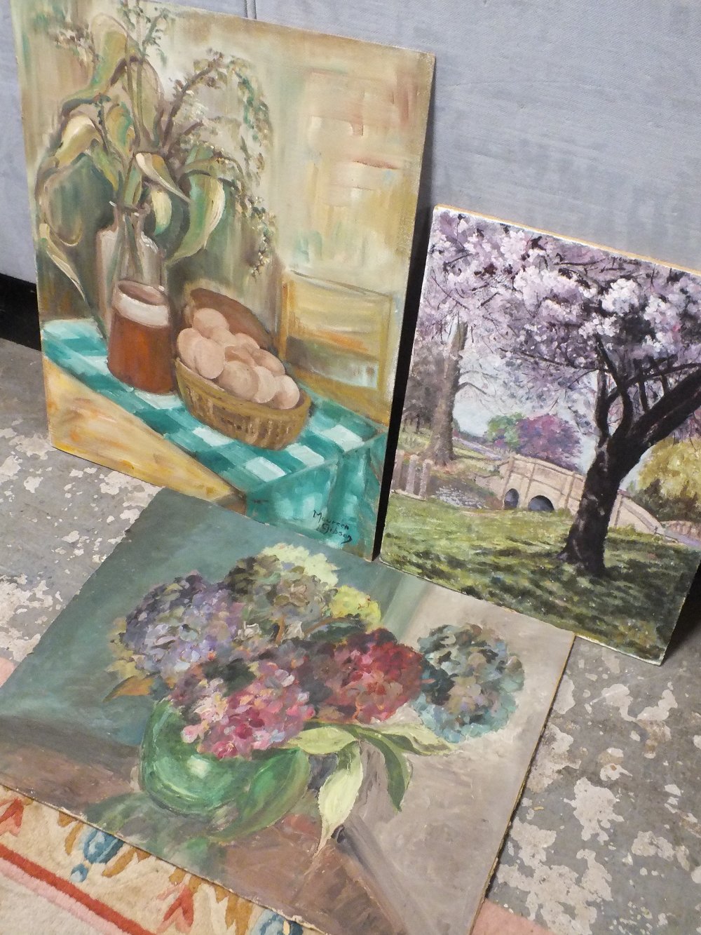 THREE UNFRAMED OILS ON BOARD TO INCLUDE A TABLETOP STILL LIFE STUDY SIGNED MAUREEN GIBSON, LANDSCAPE