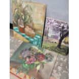 THREE UNFRAMED OILS ON BOARD TO INCLUDE A TABLETOP STILL LIFE STUDY SIGNED MAUREEN GIBSON, LANDSCAPE