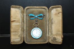 A CASED SILVER AND ENAMEL LADIES PENDANT WATCH