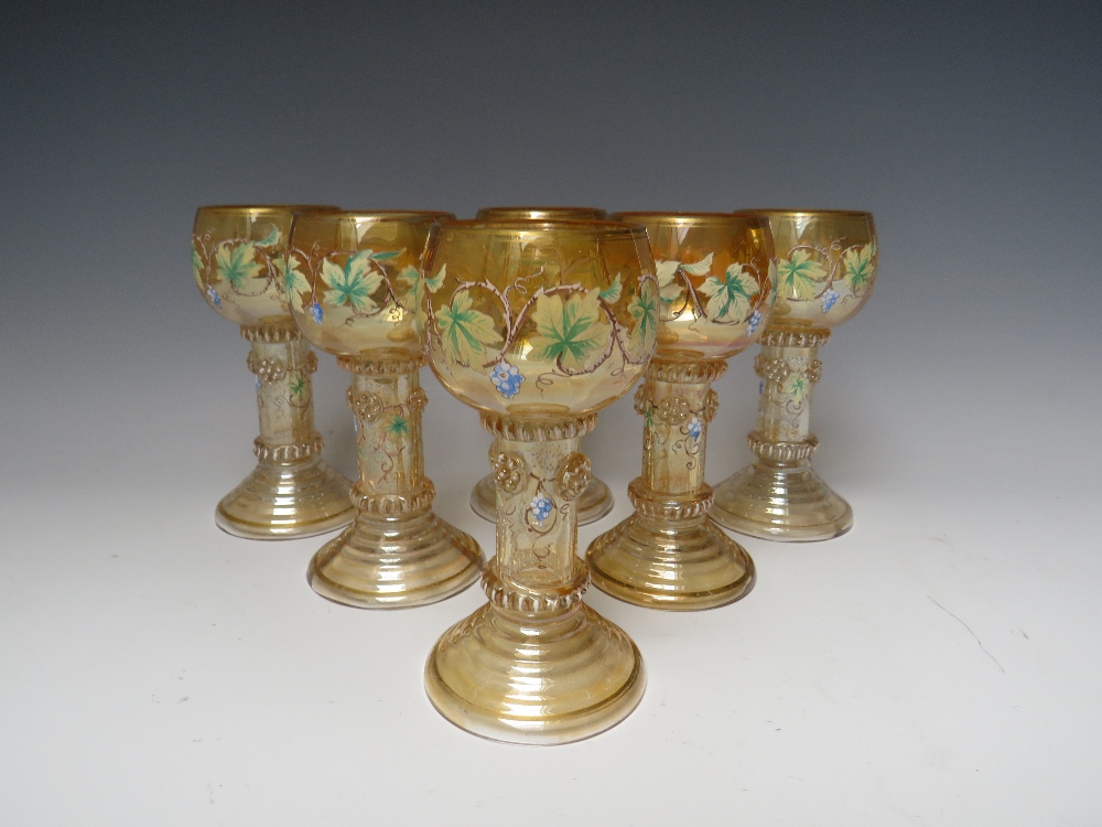 A SET OF SIX CONTINENTAL ANTIQUE ROEMER / HOCK GLASSES, the lustre glass with hand painted and