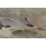 E. A?; Stormy, rocky coastal scene with sailing vessels and heavy surf, signed and dated 1821