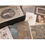 A BLUE LIDDED BOX CONTAINING ASSORTED ENGRAVINGS AND EPHEMERA TO INCLUDE A BLACK AND WHITE