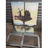 A PAIR OF VINTAGE MIRRORED PICTURE FRAMES, TOGETHER WITH A SHAPED WALL MIRROR AND TWO PRINTS (5)