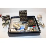 A BOX OF MOSTLY MODERN COLLECTABLE LIGHTERS, SMALL DESK CLOCKS ETC.