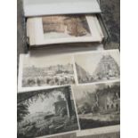 A GREEN BOX OF UNFRAMED ENGRAVINGS ETC TO INCLUDE STREET SCENES, BUILDINGS, LANDSCAPES ETC