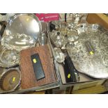 TWO TRAYS OF SILVER PLATED METALWARE TO INCLUDE A FOUR PIECE TEA SERVICE, SERVING TRAYS ETC.