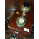A VINTAGE MAHOGANY AND BRASS WALL HANGING TELEPHONE MARKED MKXVAP TELE MFG CO LONDON