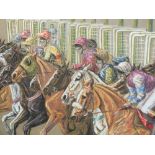 A FRAMED AND GLAZED HORSE RACING INTEREST PASTEL PICTURE OF JOCKEYS ON HORSEBACK INDISTINCTLY SIGNED