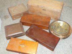 A BOX OF VINTAGE WOODEN BOXES TOGETHER WITH A CIRCULAR WALL BAROMETER AND A REMINGTON SHAVER