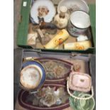 TWO TRAYS OF ASSORTED CERAMICS TO INCLUDE A PAIR OF ART DECO JUGS, VINTAGE BOOK ENDS ETC