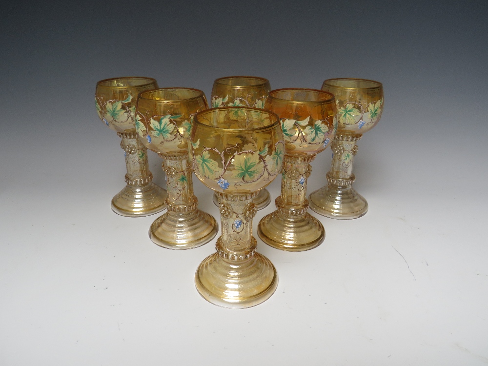 A SET OF SIX CONTINENTAL ANTIQUE ROEMER / HOCK GLASSES, the lustre glass with hand painted and - Image 6 of 7