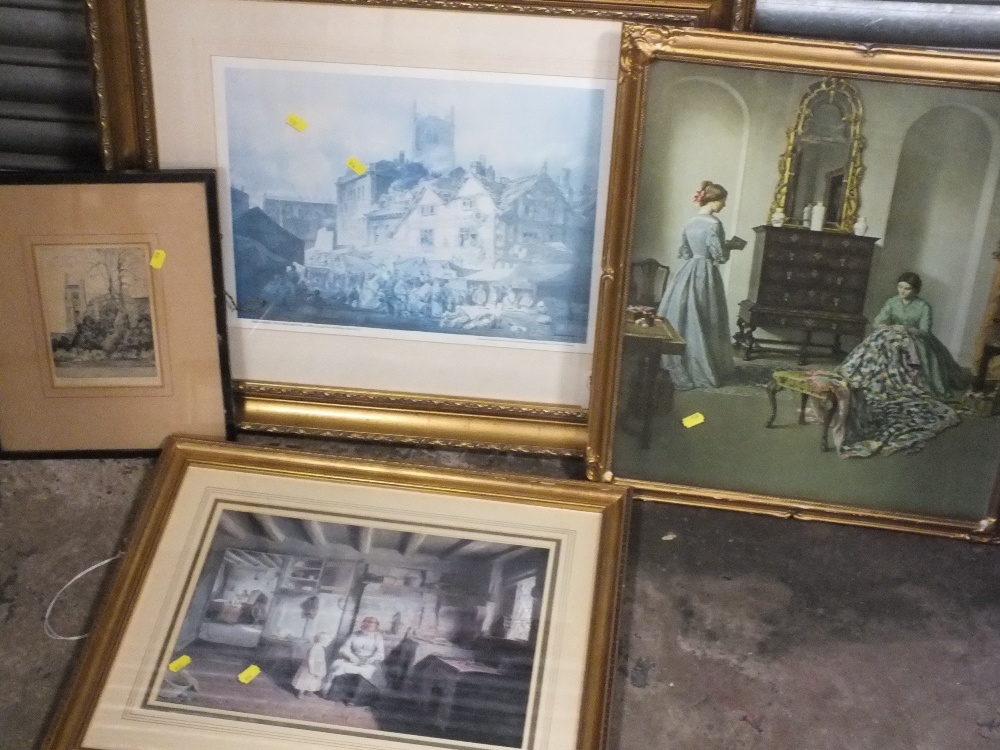 A QUANTITY OF FRAMED AND GLAZED PRINTS TO INCLUDE A SIGNED ETCHING OF A CHURCH (8)