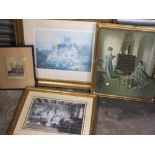 A QUANTITY OF FRAMED AND GLAZED PRINTS TO INCLUDE A SIGNED ETCHING OF A CHURCH (8)