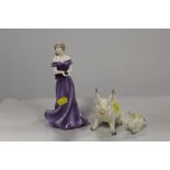 A ROYAL WORCESTER BIRTH STONE PISCES AND TWO BESWICK PIG FIGURES