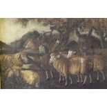 (XVIII-XIX). A sand picture of sheep and donkey in a wooded landscape, cottage in background,