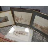 THREE ASSORTED FRAMED WATERCOLOURS TO INCLUDE A BRIDGE SCENE, LANDSCAPE ETC. , TOGETHER WITH A PRINT