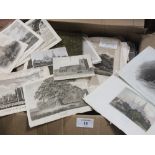 A BOX OF UNFRAMED PRINTS AND ENGRAVINGS ETC TO INCLUDE STUDIES OF BUILDINGS, LANDSCAPES, STREET