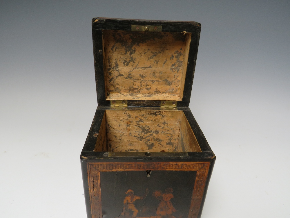 A 19TH CENTURY ITALIAN TEA CADDY WITH INLAID DECORATION, A/F, H 13 cm, W 11.5 cm, D 10 cm - Image 4 of 4