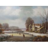 A MODERN GILT FRAMED OIL ON BOARD DEPICTING A WINTER SCENE WITH FIGURES AND FARM HOUSE, SIGNED L