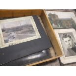 A PLASTIC TRAY CONTAINING MOSTLY GLAZED PICTURES AND PRINTS TO INCLUDE A SIGNED BLACK AND WHITE