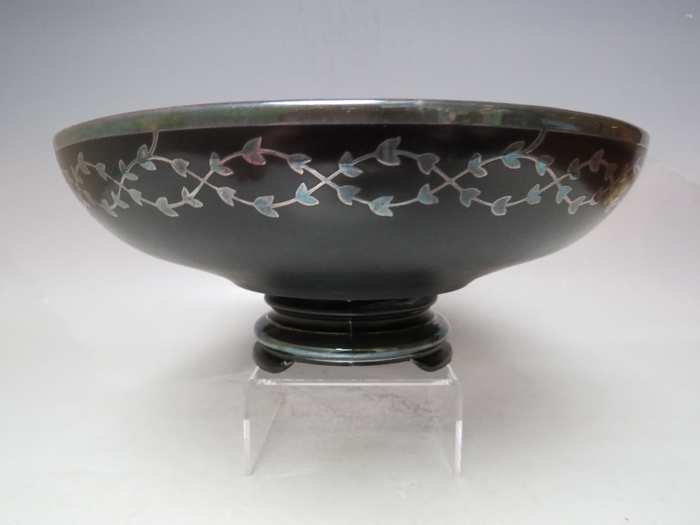 AN EARLY TO MID 20TH CENTURY FOOTED BLACK GLASS BOWL WITH WHITE METAL INLAY, of circular form with - Image 2 of 9