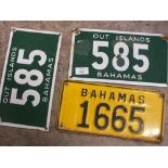 A PAIR OF VINTAGE ENAMEL OUT ISLANDS BAHAMAS LICENCE PLATES / NUMBER PLATES, TOGETHER WITH A BAHAMAS