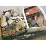 TWO BOXES OF COLLECTABLES TO INCLUDE A GAS MASK, MASONIC SASH, MOTHER OF PEARL HANDLED CUTLERY ETC