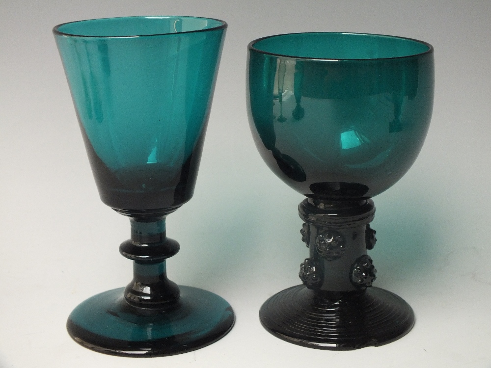 A COLLECTION OF ANTIQUE DRINKING GLASSES, mainly green examples, to include a single apple green - Image 3 of 4