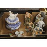 A TRAY OF CERAMICS TO INCLUDE CONTINENTAL FIGURES AND A LIDDED POT WITH WHITE DOVE FINIAL (TRAYS NOT