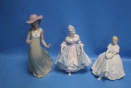 TWO ROYAL DOULTON FIGURINES - 'SOUTHERN BELLE' AND 'HEATHER' TOGETHER WITH A NAO FIGURINE A/