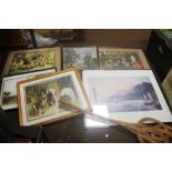 A QUANTITY OF ASSORTED PRINTS TOGETHER WITH A CARPET BEATER