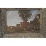 AN OIL ON CANVAS IN GILT FRAME OF FIGURES IN FRONT OF A COTTAGE SIGNED DAVID TENIERS? 46 CM X 38 CM