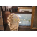 A QUANTITY OF PICTURES AND PRINTS ALONG WITH A WALL MIRROR, SMALL WICKER CHAIR AND A COPPER