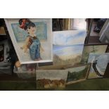 A BOX OF ASSORTED OIL PAINTINGS TO INCLUDE A BURNET PARIS SCENE AND A PICTURE OF HERONS