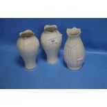 THREE BELLEEK VASES, BROWN MARKS