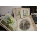 A FOLIO OF ASSORTED WATERCOLOURS, PRINTS AND A RELIGIOUS SIGN