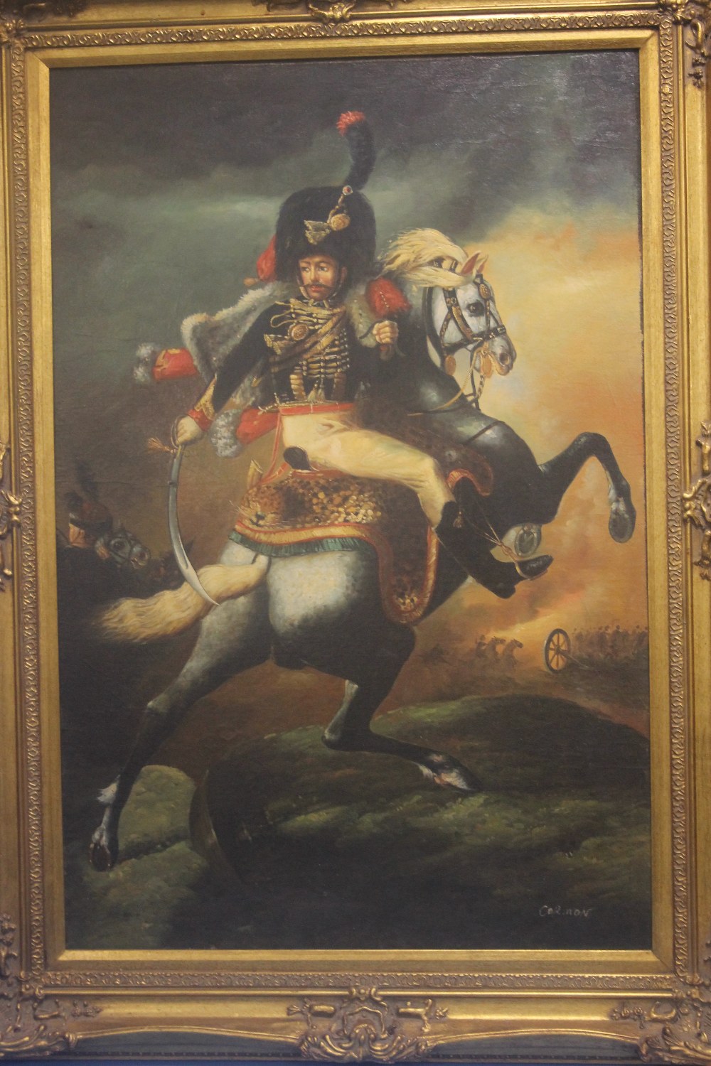 A GILT FRAMED PAINTING ON BOARD OF A NAPOLEONIC SOLDIER ON HORSEBACK SIGNED CORMON ON LOWER RIGHT 80