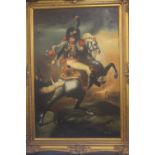 A GILT FRAMED PAINTING ON BOARD OF A NAPOLEONIC SOLDIER ON HORSEBACK SIGNED CORMON ON LOWER RIGHT 80