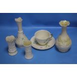 A COLLECTION OF FOUR BELLEEK VASES AND A CUP AND SAUCER, BLUE & GREEN MARKS
