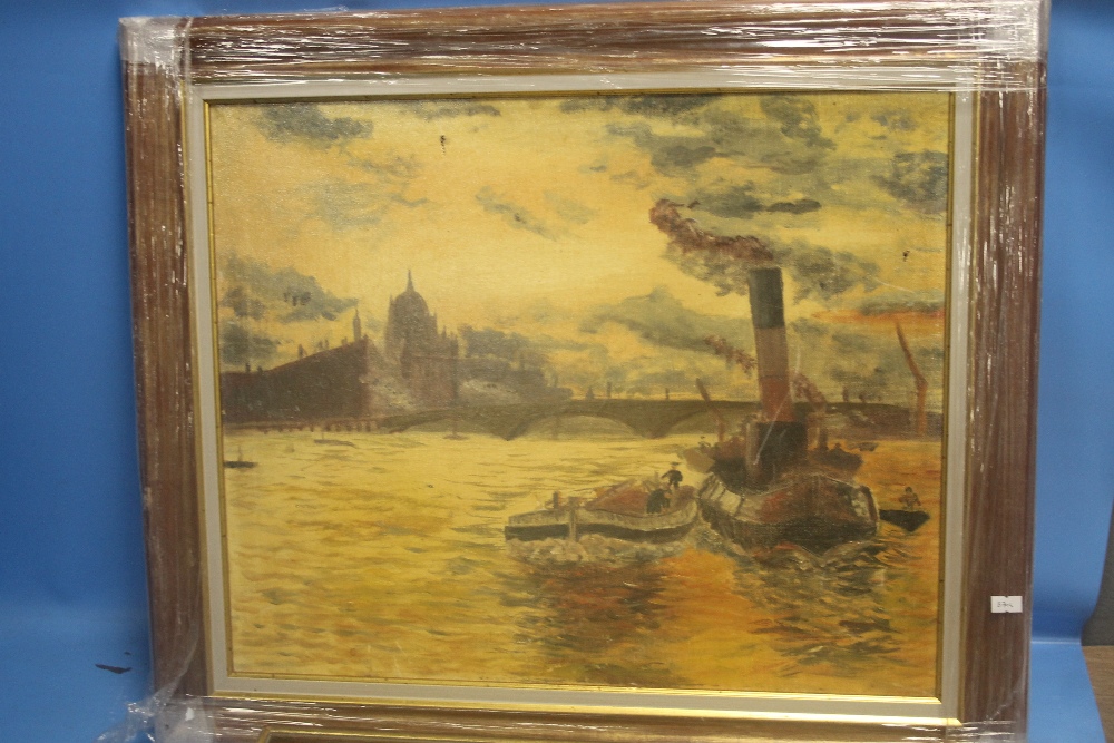 A PAIR OF OILS OF THE RIVER THAMES AND LONDON BRIDGES ONE SIGNED E. GOYER, THE LARGEST 68 X 58 CM - Image 2 of 3